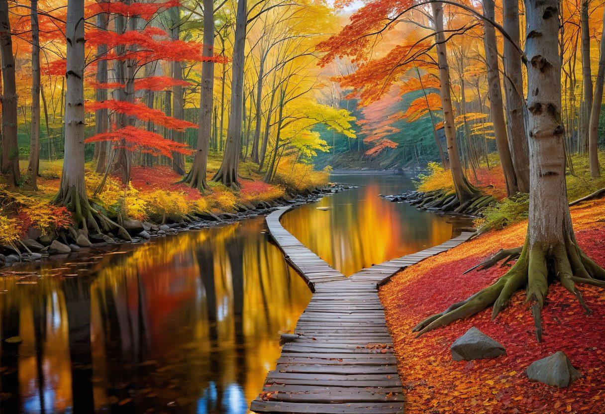 A breathtaking autumn landscape with vibrant orange, red, and yellow foliage on trees, a serene forest floor covered in fallen leaves, and a winding path leading through the scene. Include a soft golden sunlight filtering through the branches, casting warm hues and shadows across the ground. Incorporate a tranquil river reflecting the colorful trees on its surface, inviting viewers to immerse in nature’s beauty. oil painting style. vibrant colors. super-realistic.