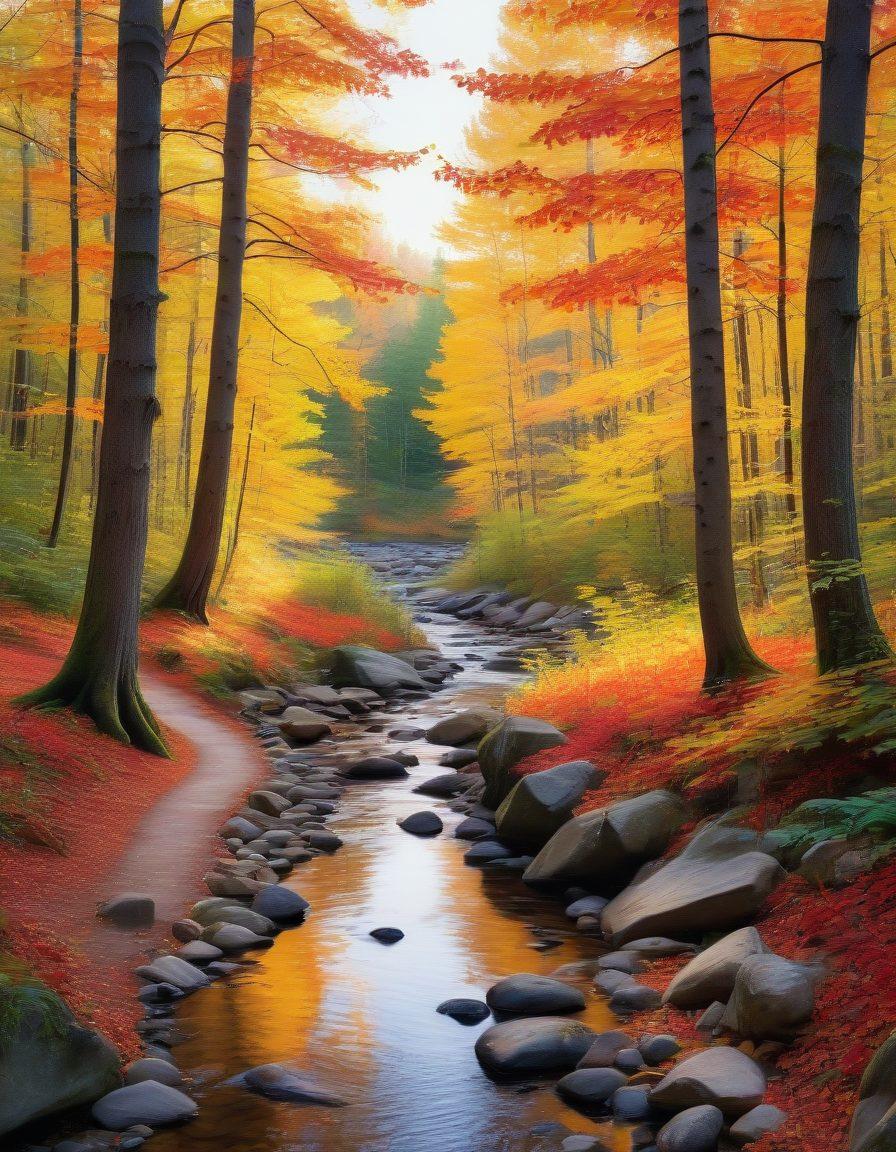 A picturesque forest landscape showcasing vibrant autumn foliage with hues of orange, red, and yellow. Include a winding path leading through the trees, inviting the viewer to embark on an adventure. Add a gentle stream reflecting the colors of the leaves and a cozy campsite with a flickering campfire in the foreground. Soft sunlight filters through the branches, adding warmth to the scene. painterly style. warm tones.