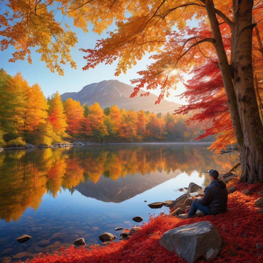 A breathtaking autumn landscape showcasing a gradient of golden hues transforming into vibrant crimson leaves. A photographer capturing the scene, surrounded by falling leaves, with a soft golden sunlight filtering through the trees. A scenic lake reflecting the colors of fall, inviting the viewer into the serene beauty of the season. super-realistic. vibrant colors. wide-angle.